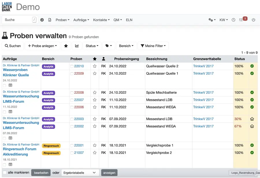 Labordatenbank LIMS Probenverwaltung Probenliste