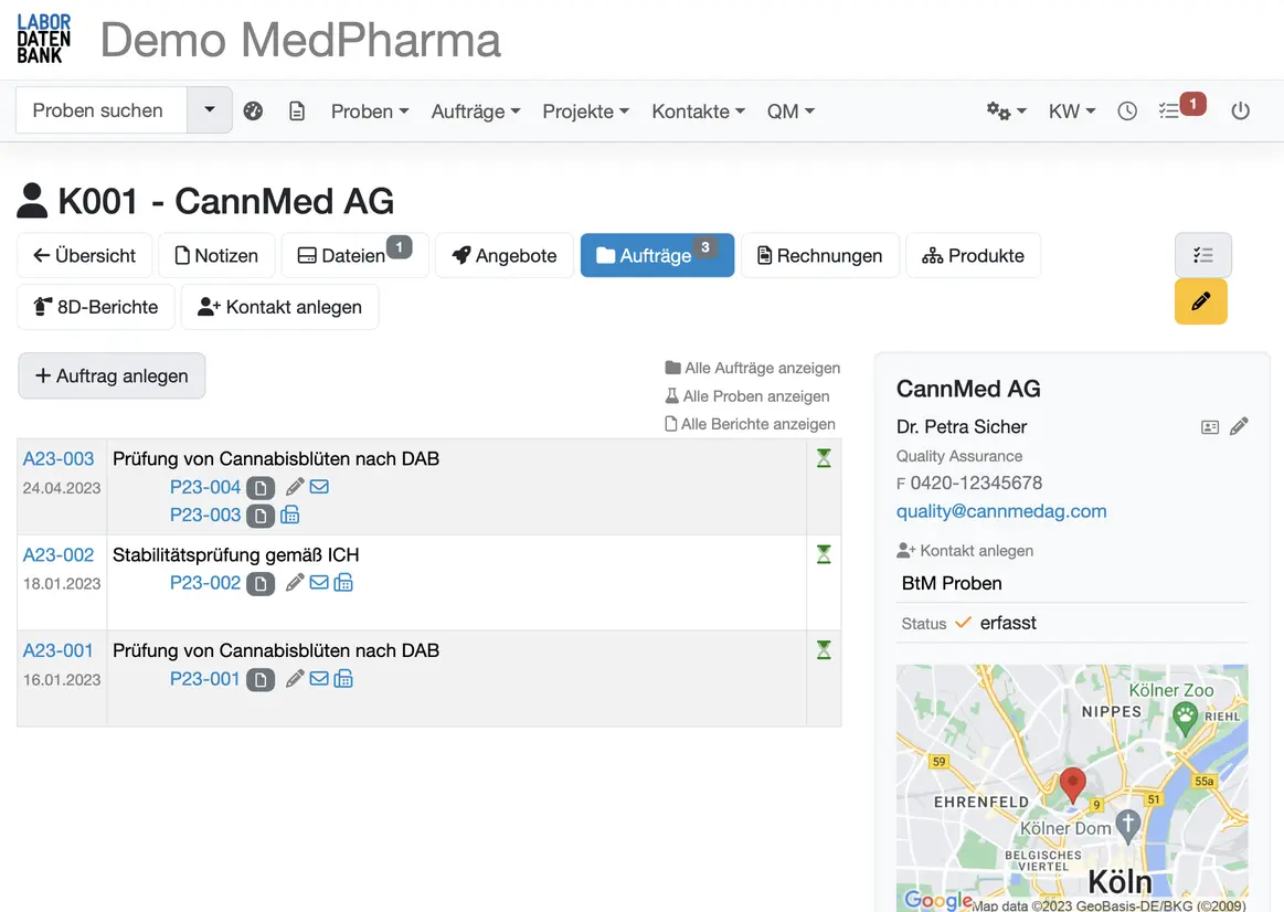 Screenshot einer Laborsoftware für pharmazeutische Labore