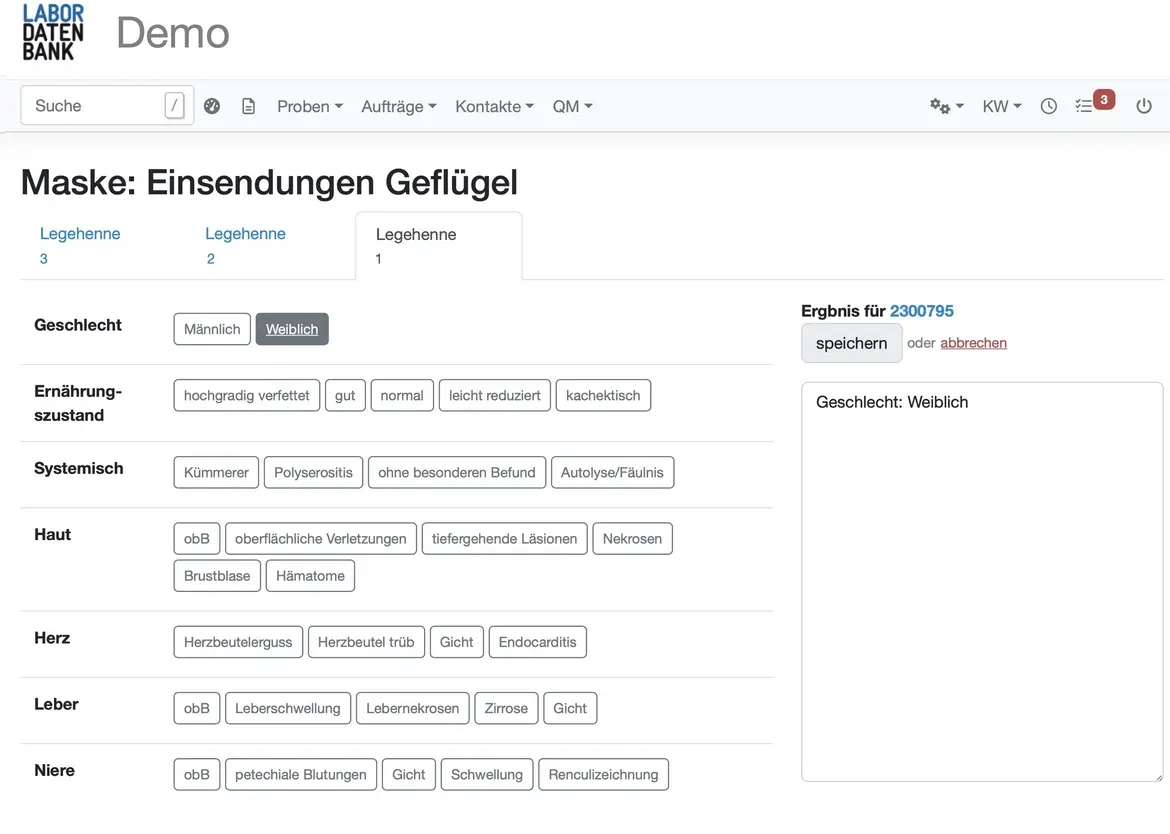 Screenshot eines LIMS für veterinärmedizinische Labore