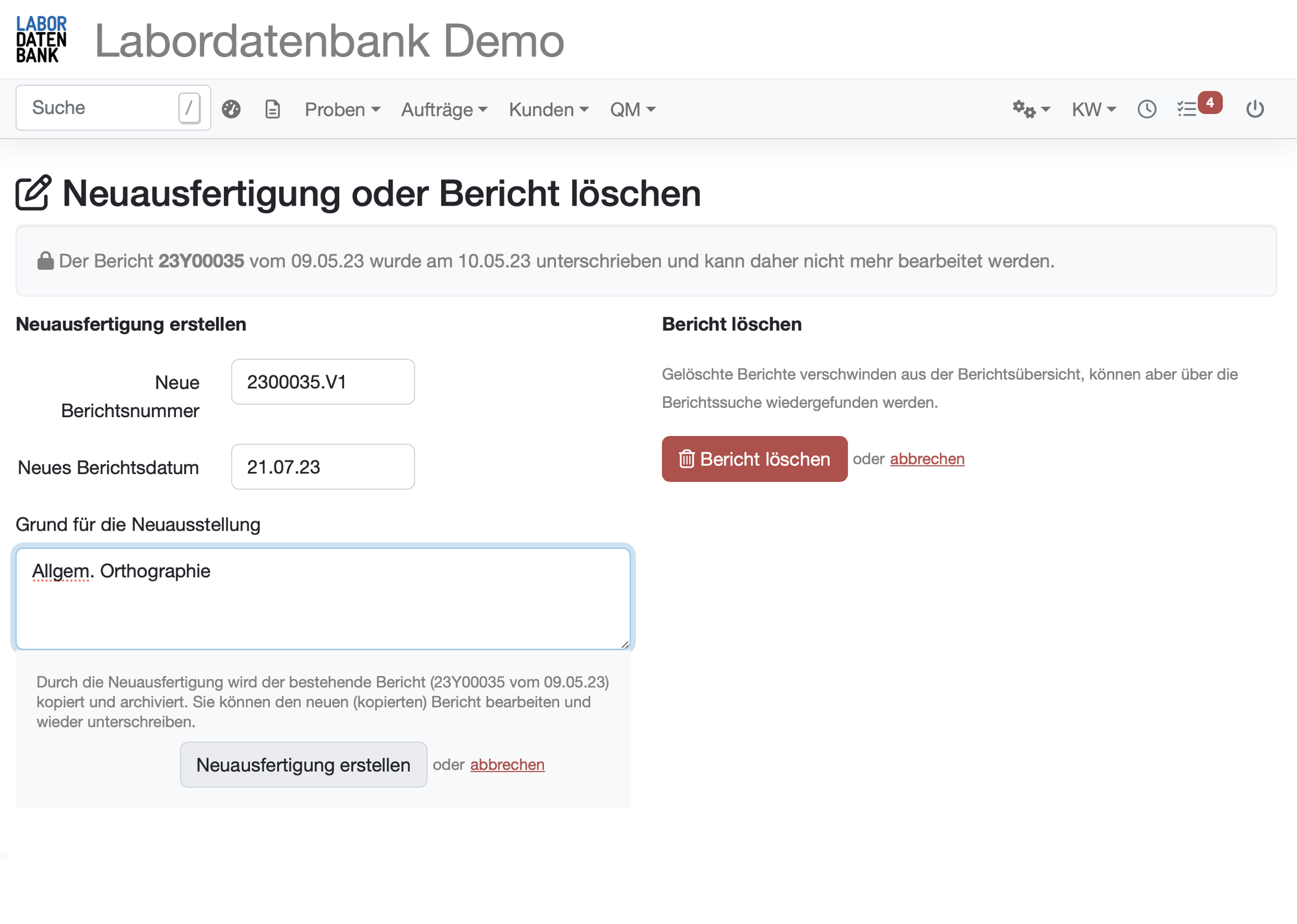 Neuausfertigung Prüfbericht Screenshot Labordatenbank LIMS