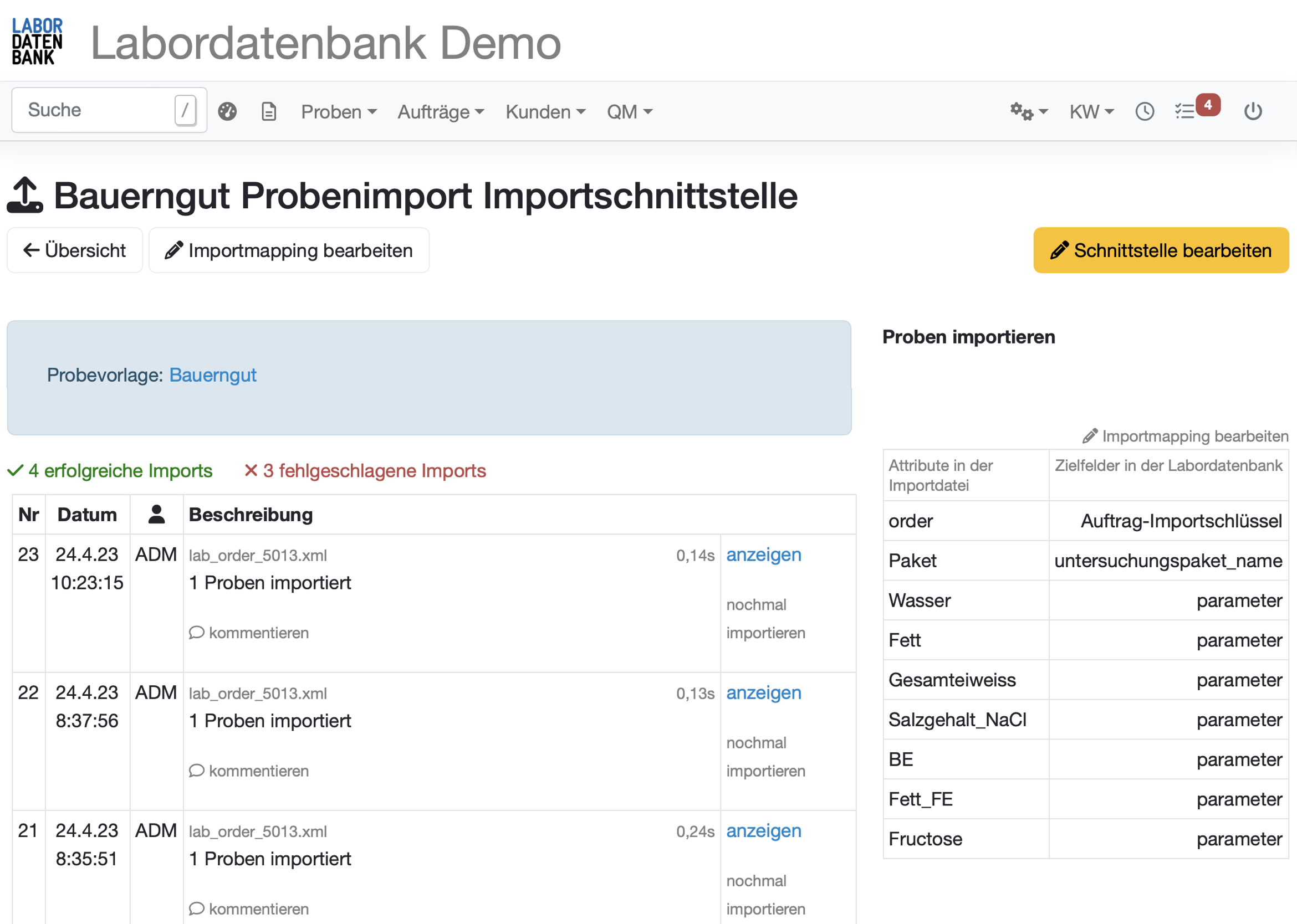 Screenshot Schnittstellen LIMS Edeka Enaio