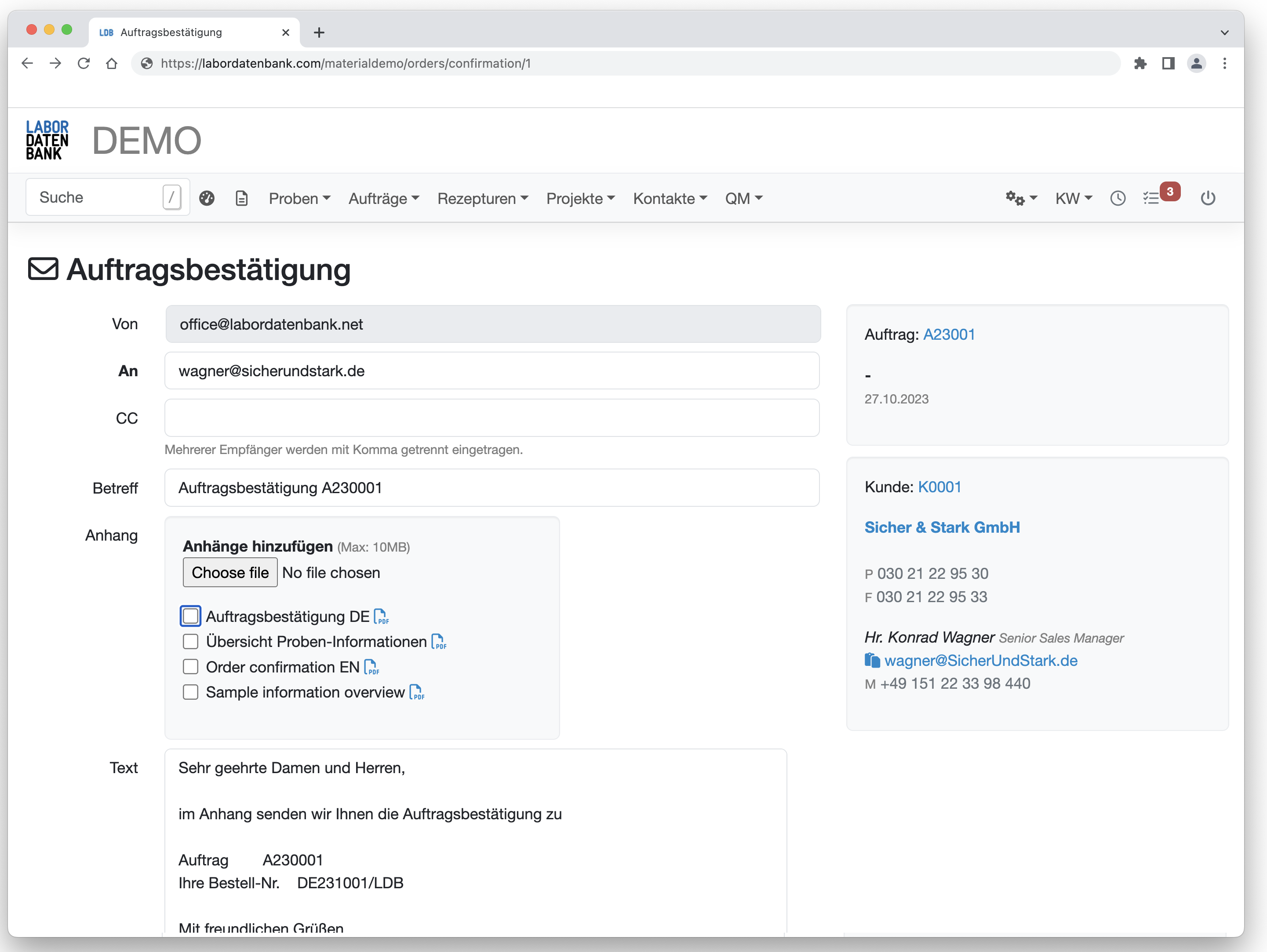 Auftragsbestätigung eines Auftrages im Labordatenbank LIMS