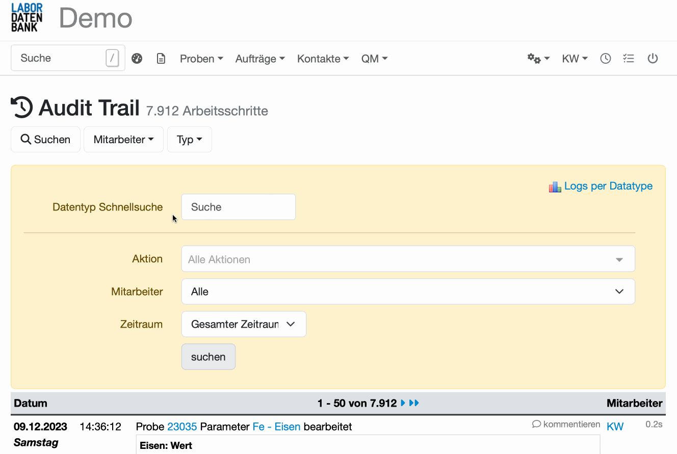 Audit Trail Demo und Suche in LIMS Laborsoftware Description