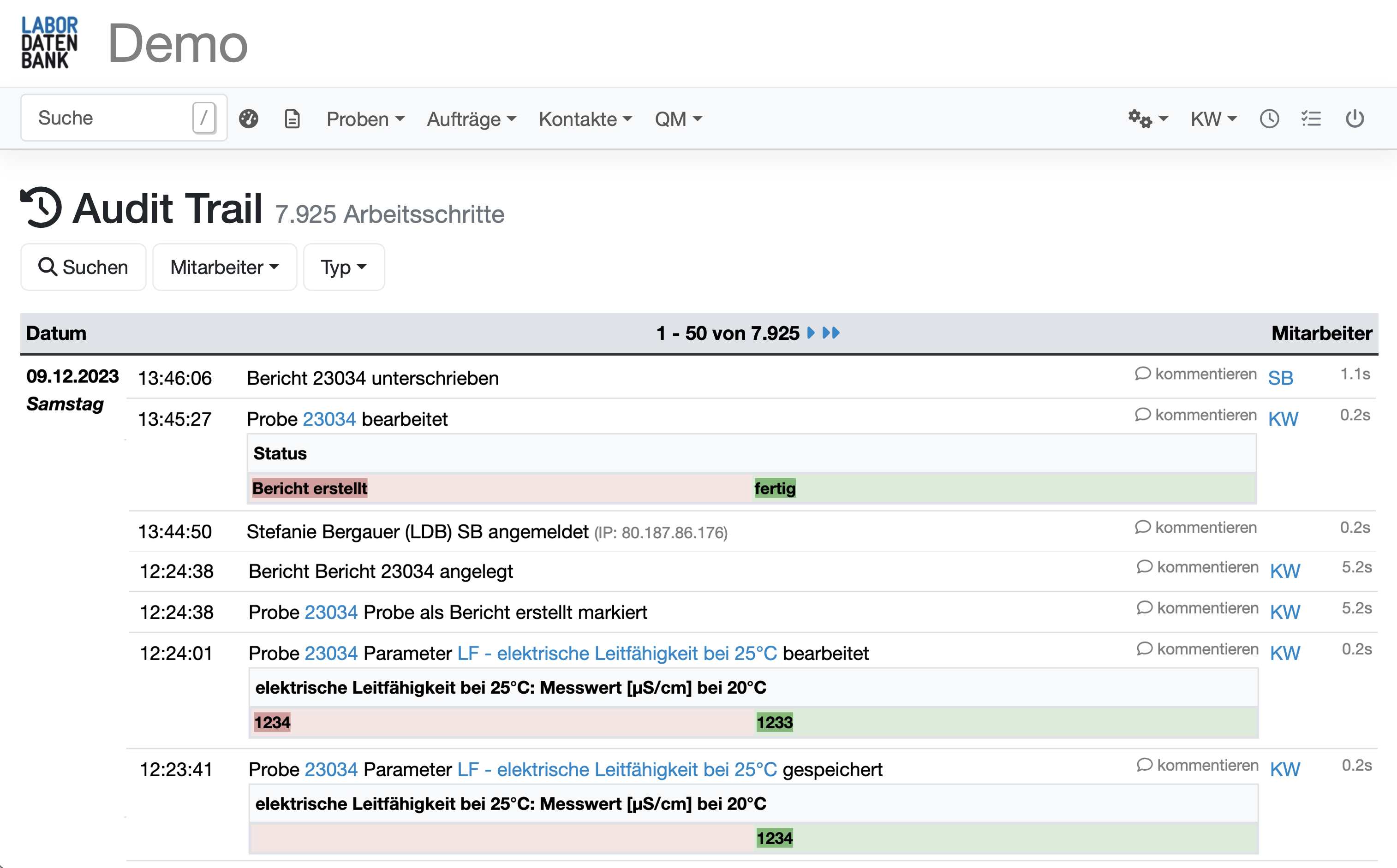Kompletter Verlauf mit Änderungshistorie im Labordatenbank Audit Trail