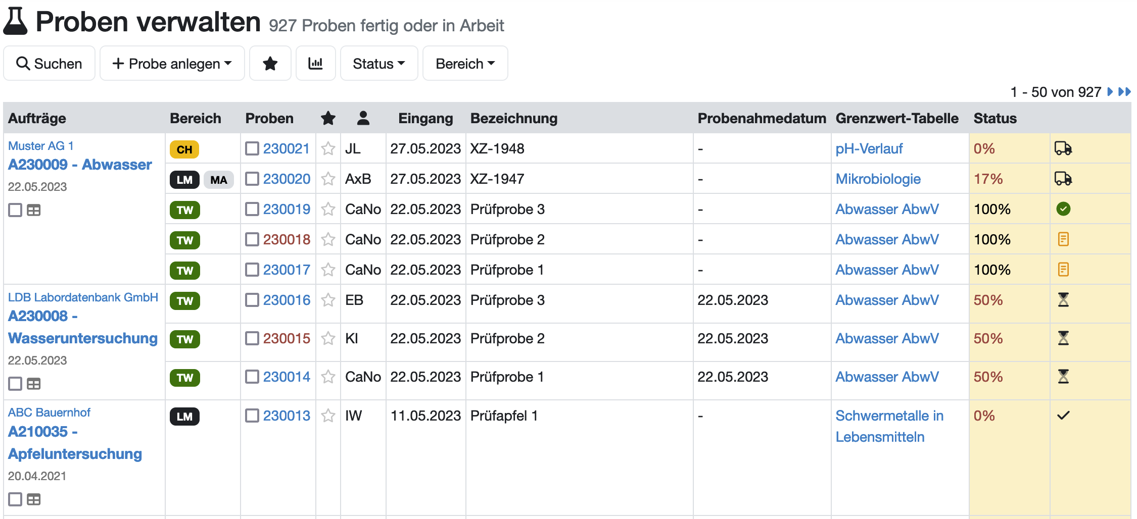 Proben verwalten in der Probenliste im Labordatenbank LIMS