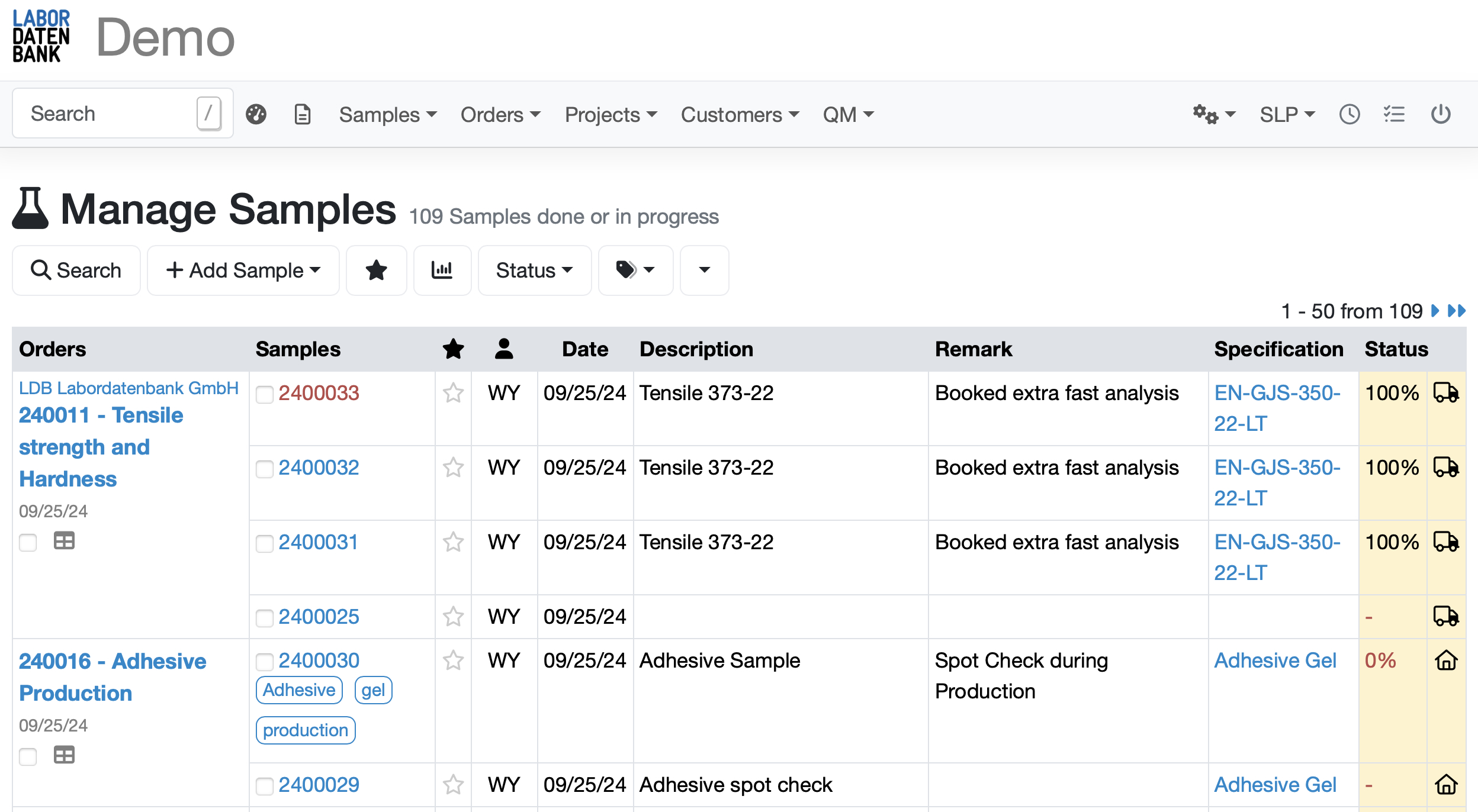 Proben verwalten in der Probenliste im Labordatenbank LIMS