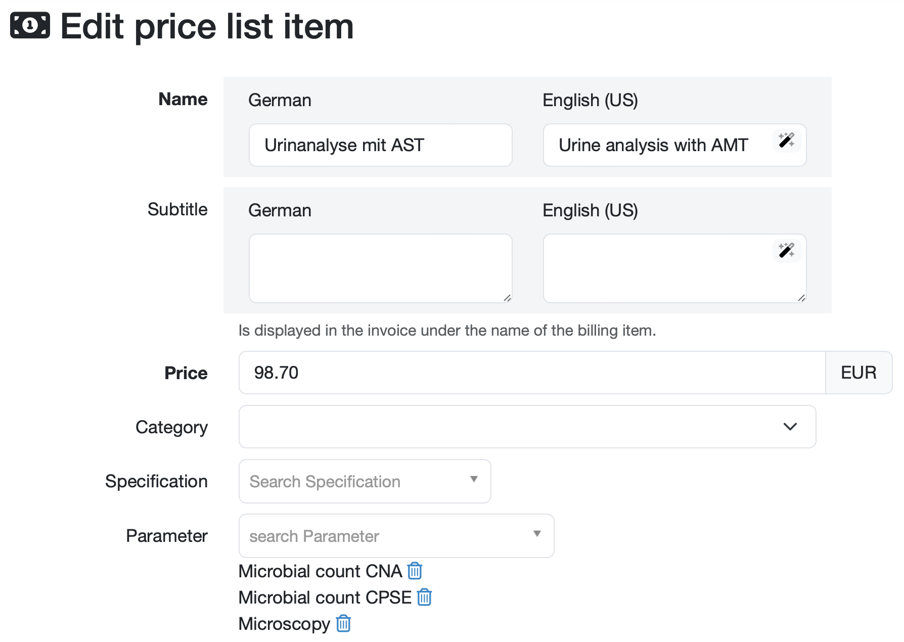 Preise für Analysen im Lims