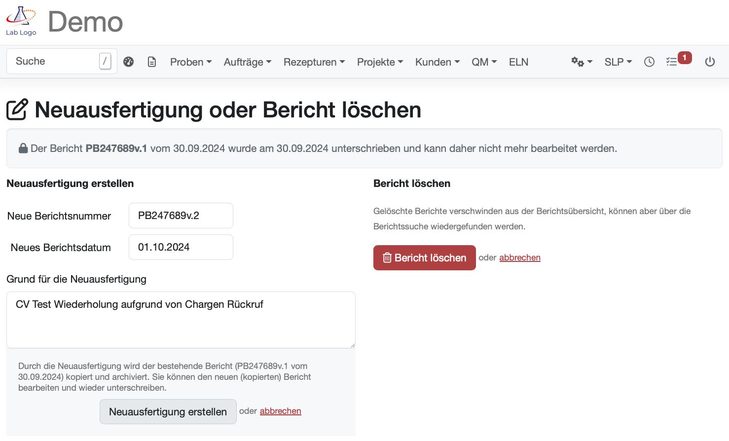 Neuausfertigung eines Prüfberichts mit automativer Versionierung im LIMS