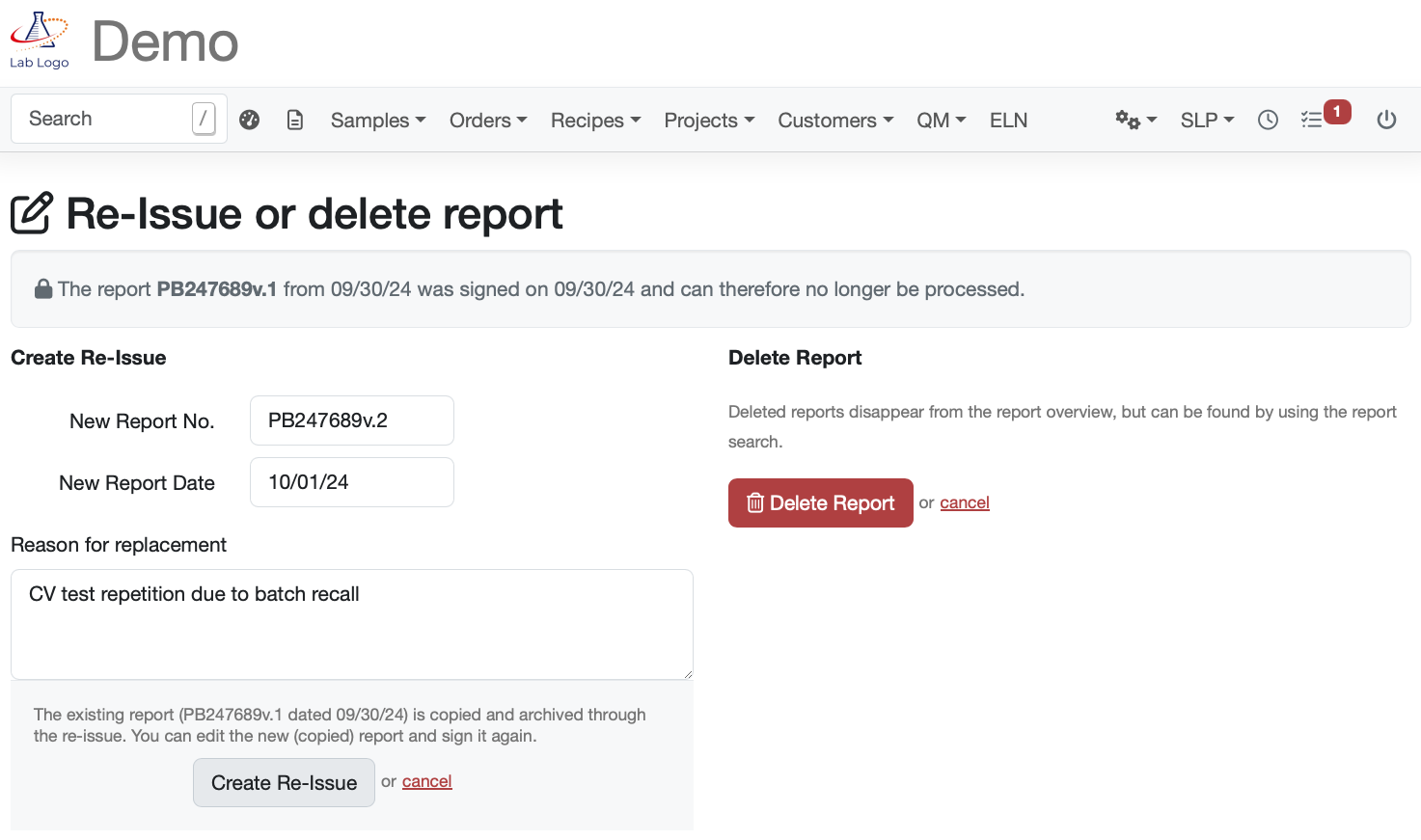 Neuausfertigung eines Prüfberichts mit automativer Versionierung im LIMS
