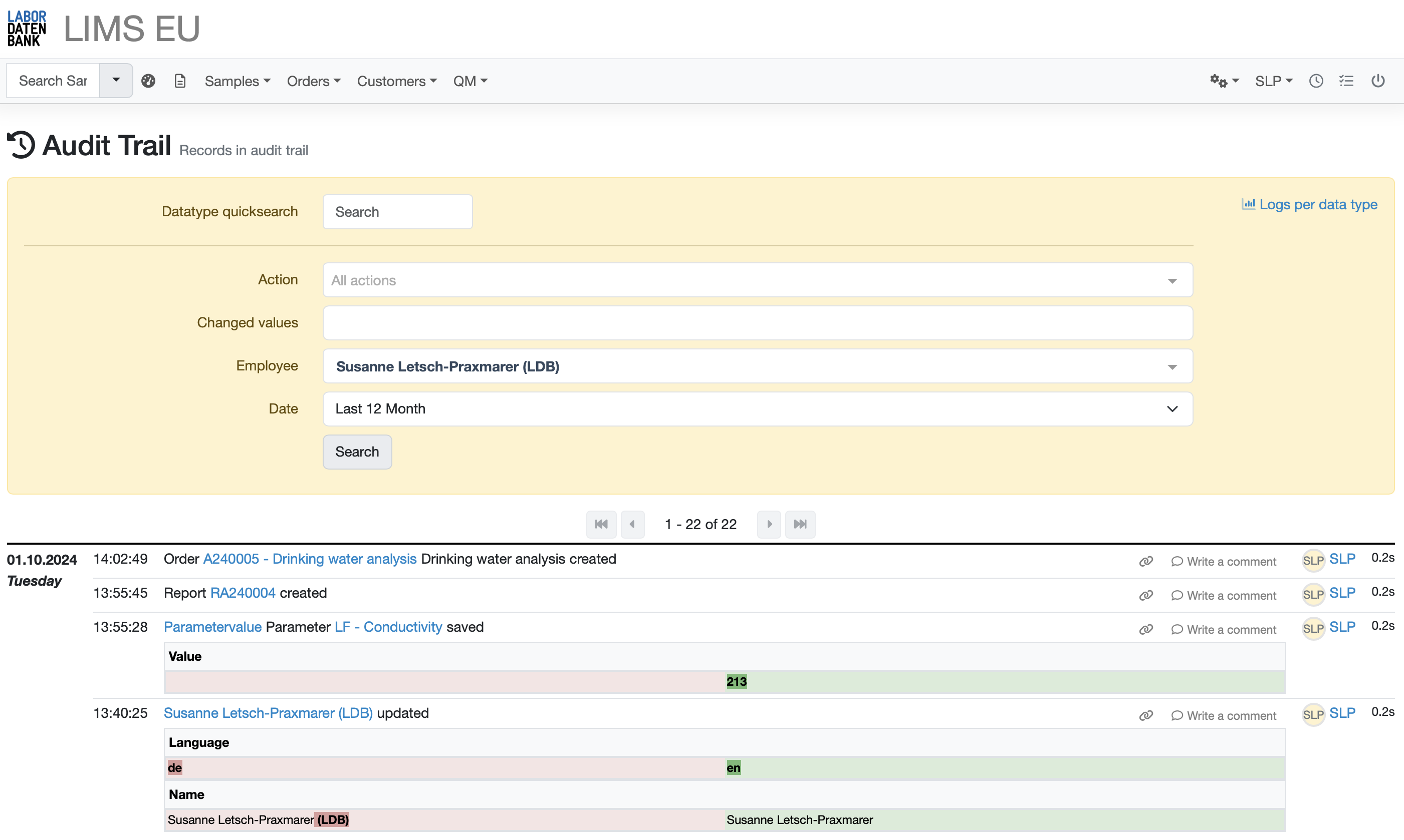 Kompletter Verlauf mit Änderungshistorie im Labordatenbank Audit Trail