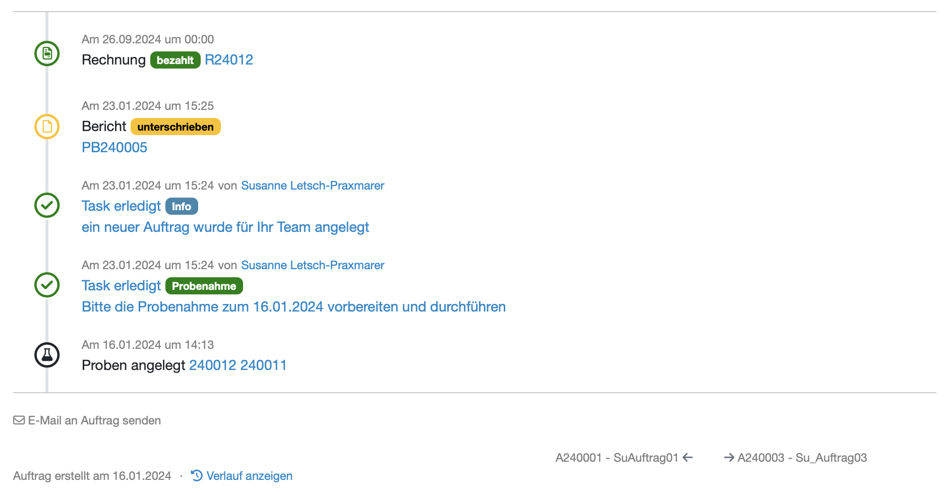 Verlauf von Auftrag und Probe im Audit Trail