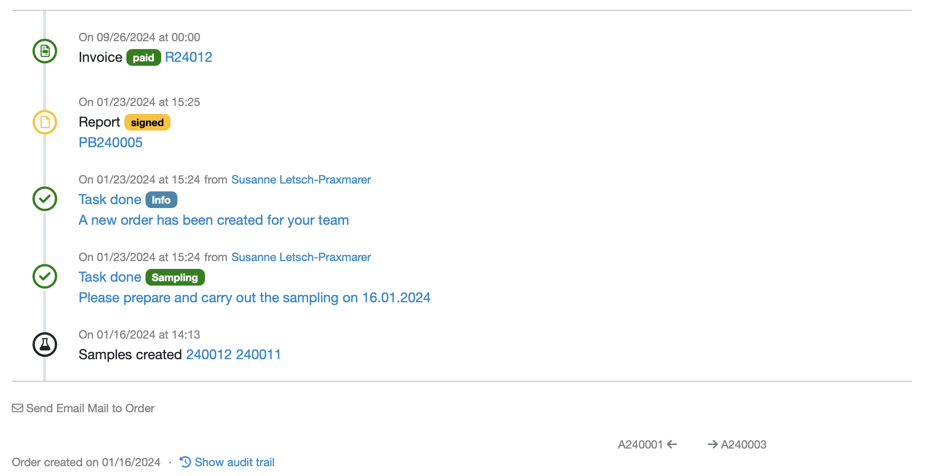 Verlauf von Auftrag und Probe im Audit Trail