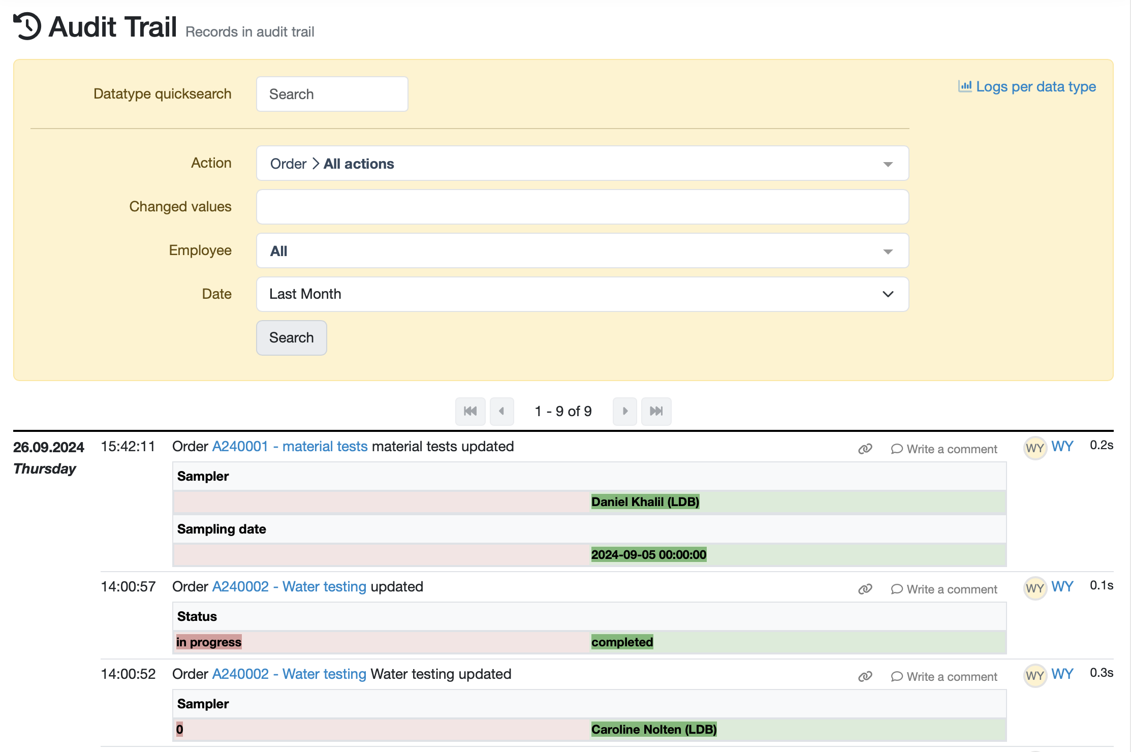 Audit Trail Demo und Suche in LIMS Laborsoftware Description