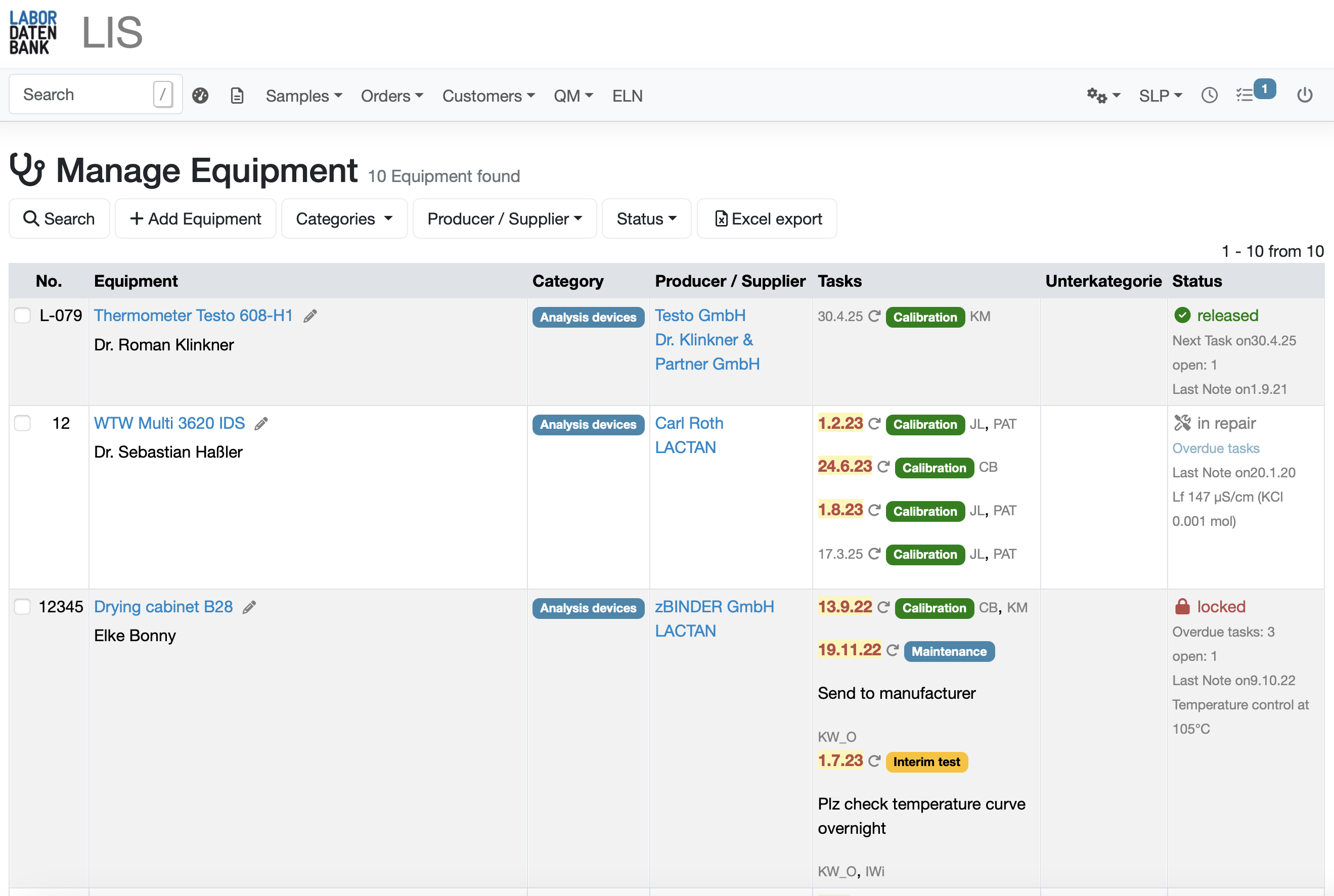 Prüfmittelverwaltung mit Kontrollkarten und Erinnerungen im Labordatenbank LIMS nach den Vorgaben der Akkreditierung