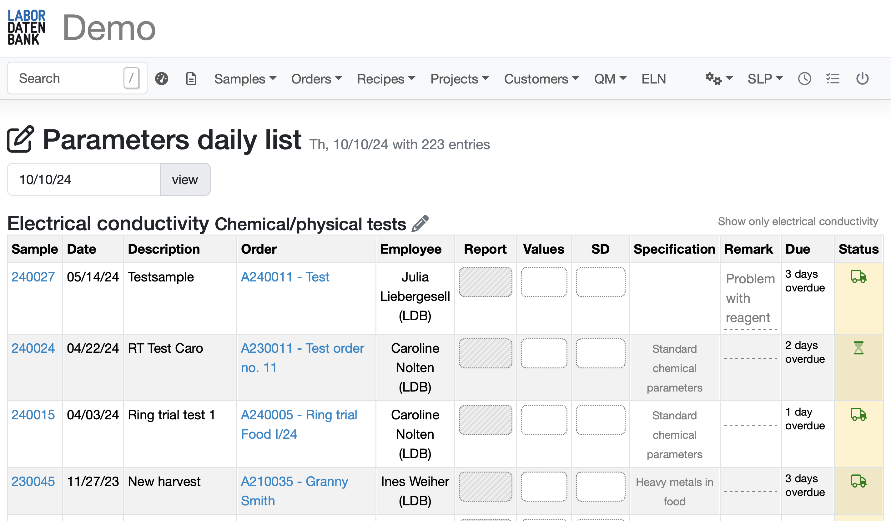 Labordatenbank LIMS Screenshot der Tagesliste Mikrobiologie