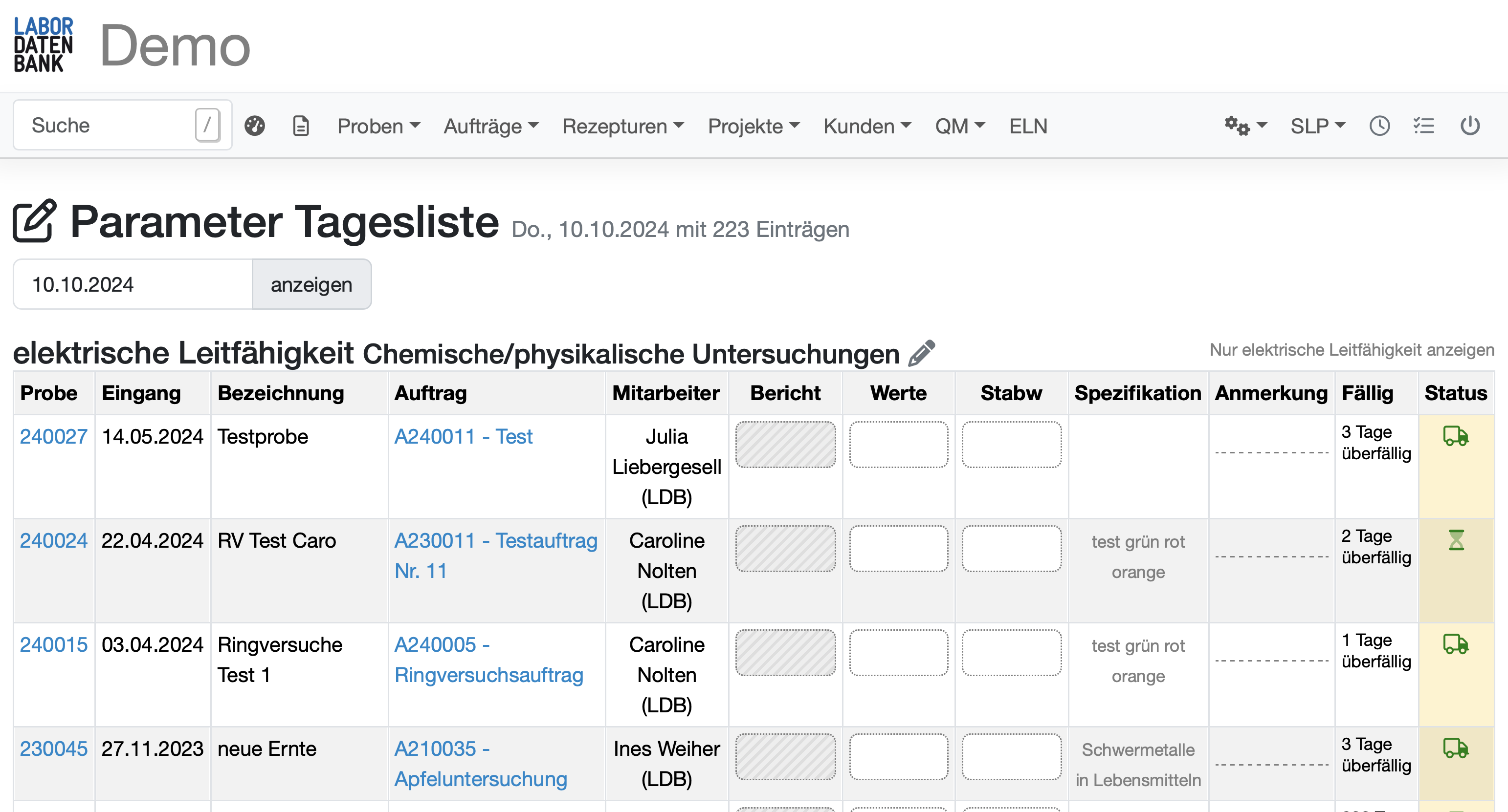 Labordatenbank LIMS Screenshot der Tagesliste Mikrobiologie
