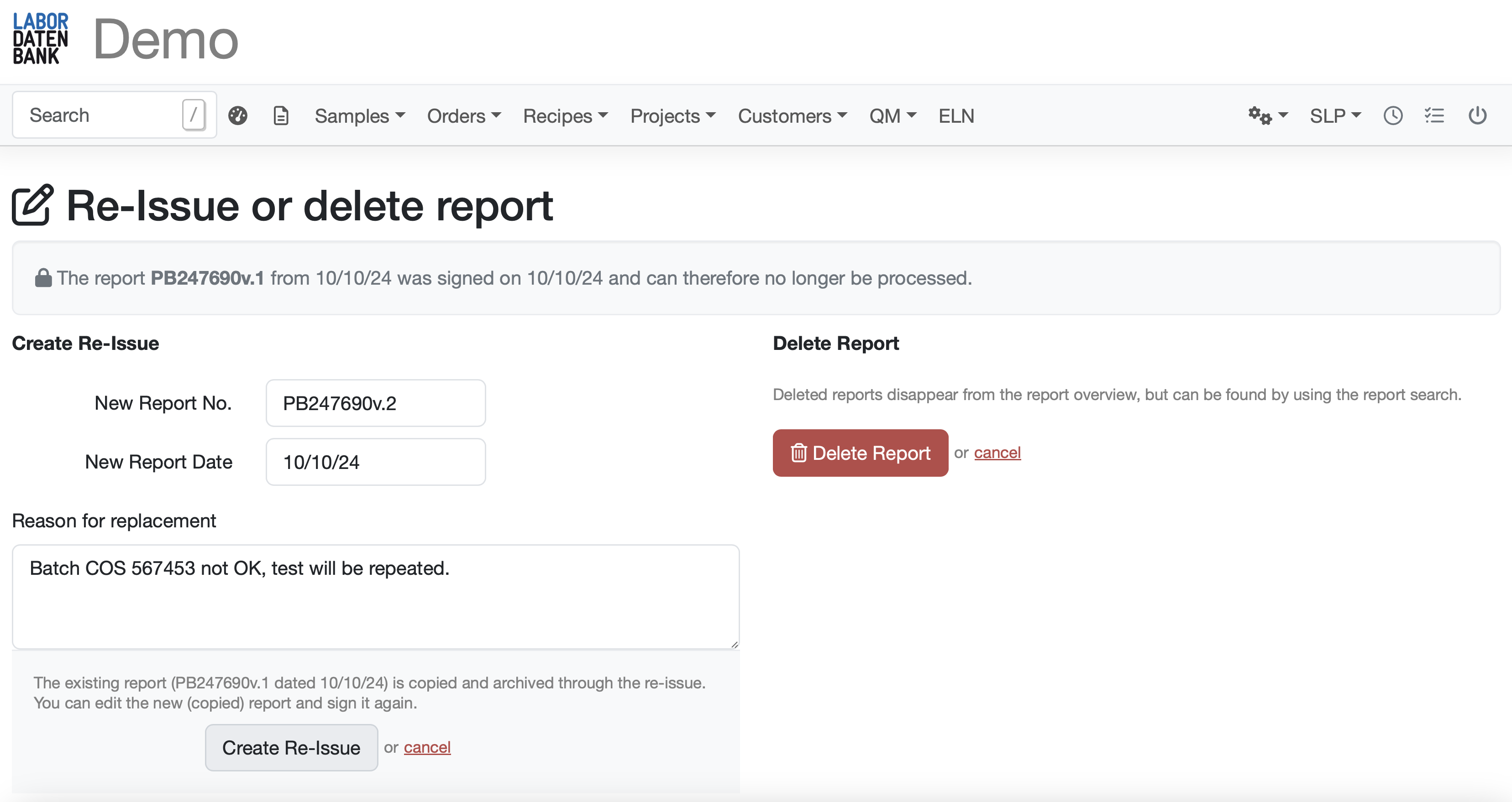 Neuausfertigung Prüfbericht Screenshot Labordatenbank LIMS